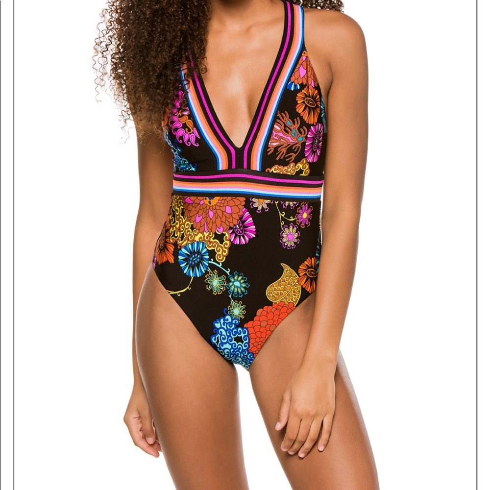 NWOT TRINA TURK Electric Reef Plunge One Piece Swimsuit. Size 8